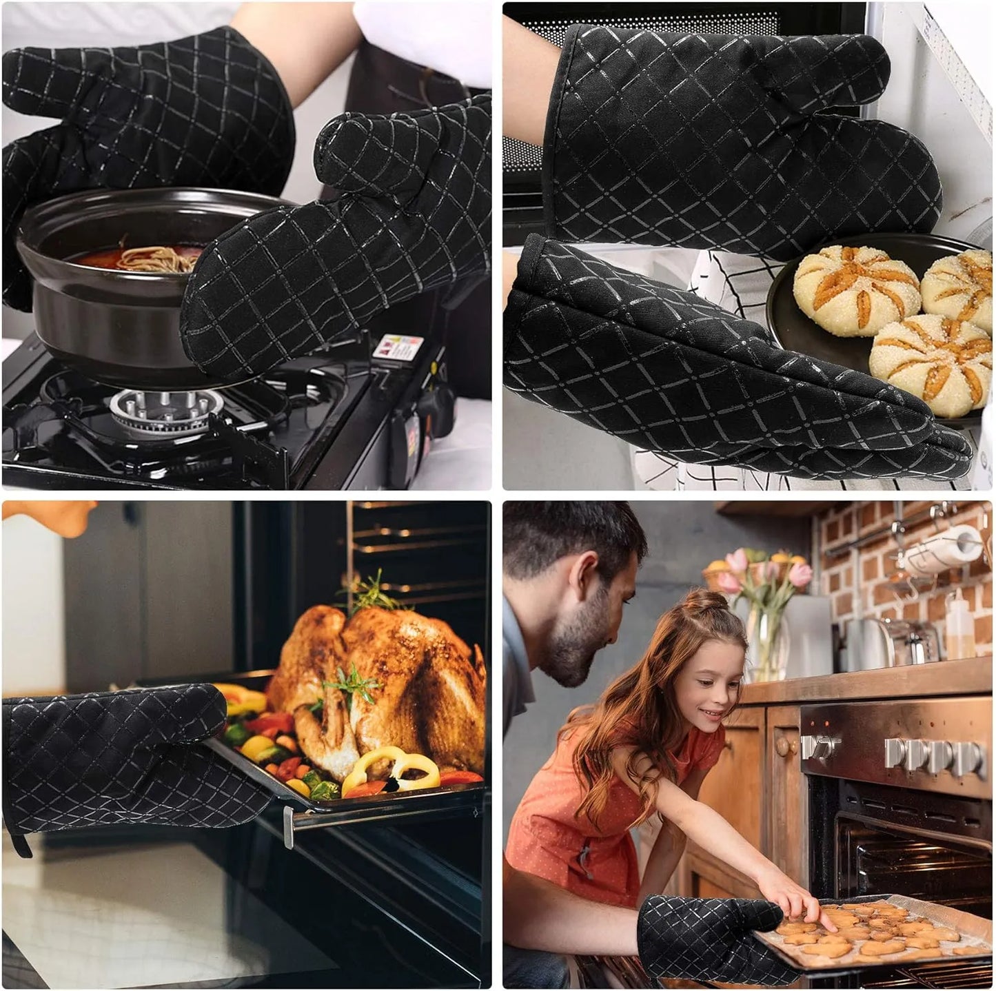 2 pcs Kitchen Oven Mitts With Non-Slip Silicone Printed Cotton Glove 1 Pair of Heat Resistant Cooking Baking Grilling Tools