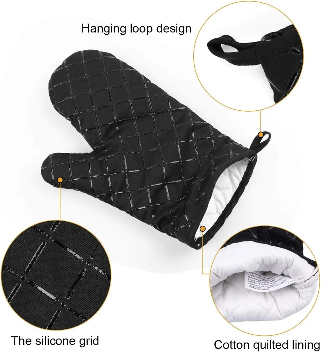 2 pcs Kitchen Oven Mitts With Non-Slip Silicone Printed Cotton Glove 1 Pair of Heat Resistant Cooking Baking Grilling Tools