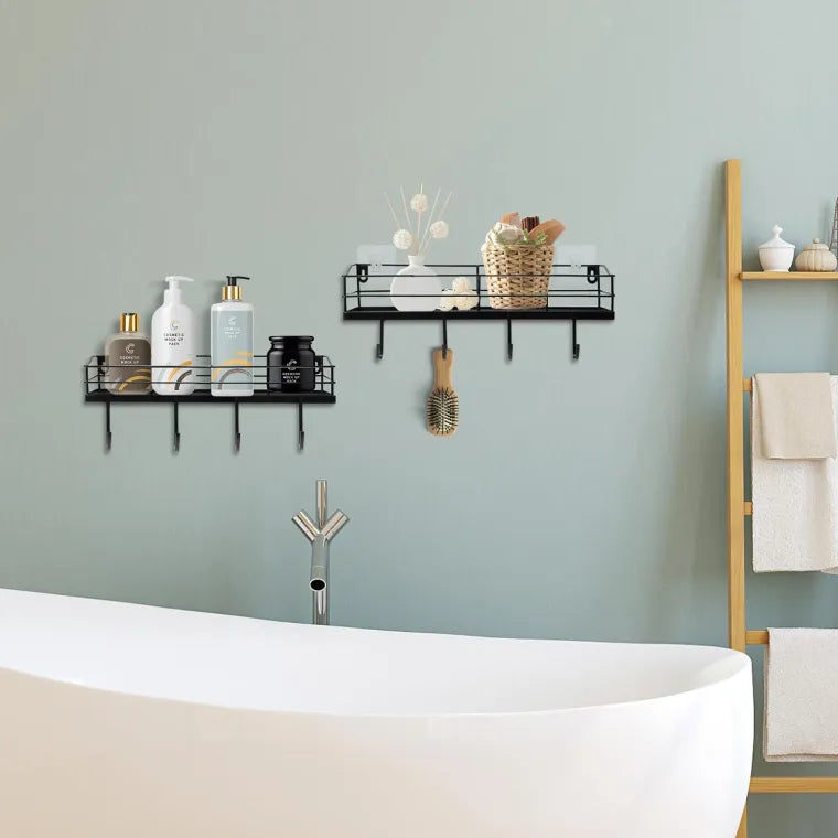 Wall Mounted Multipurpose Storage Rack with Shelf & Iron Hooks