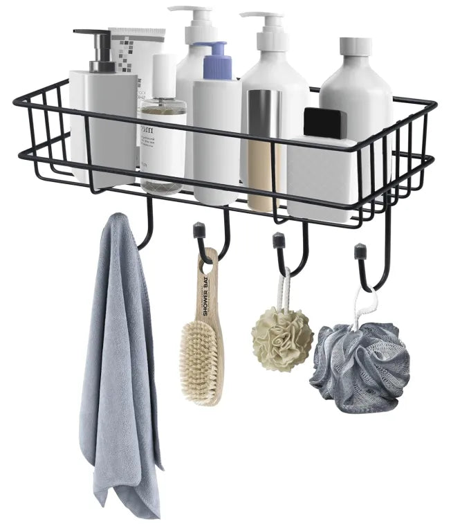 Wall Mounted Multipurpose Storage Rack with Shelf & Iron Hooks