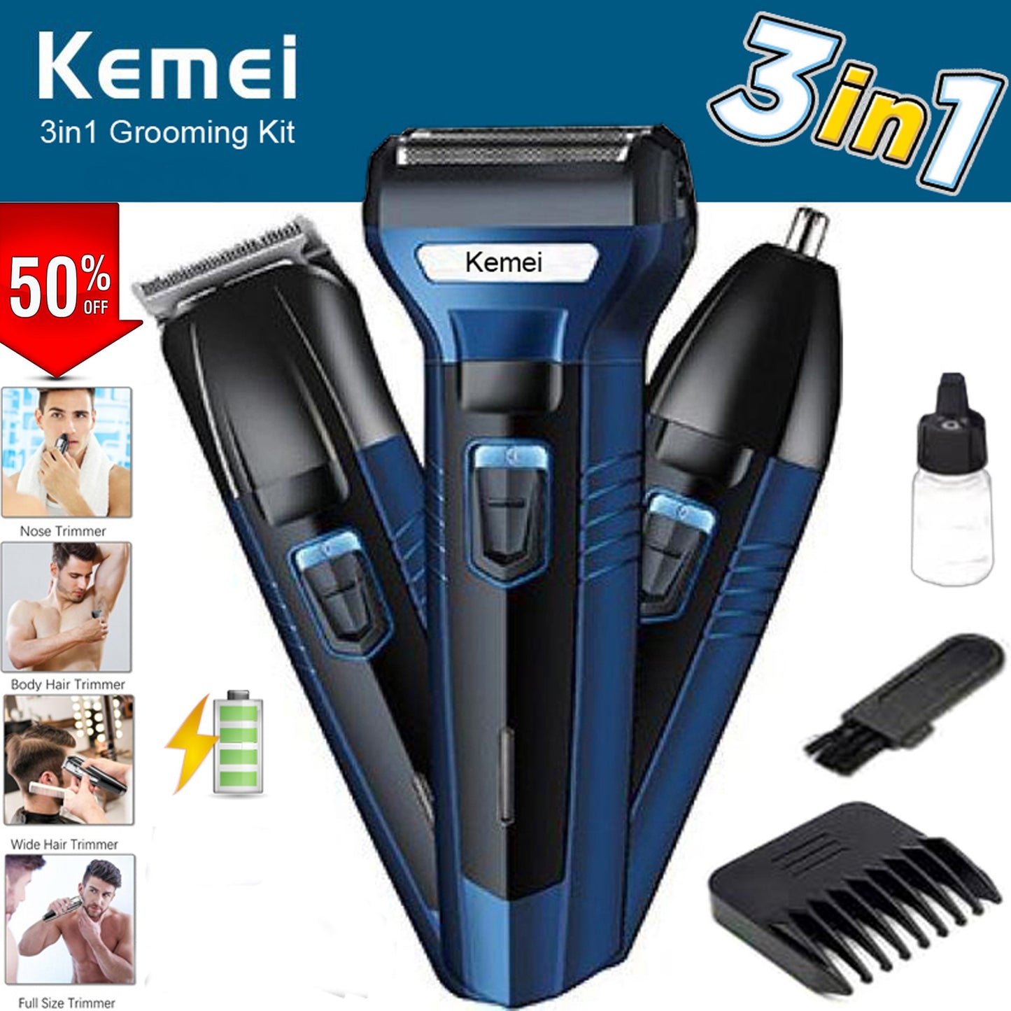 Kemei 3-in-1 Rechargeable Grooming Kit – Hair Clipper, Shaver & Beard Trimmer for Men