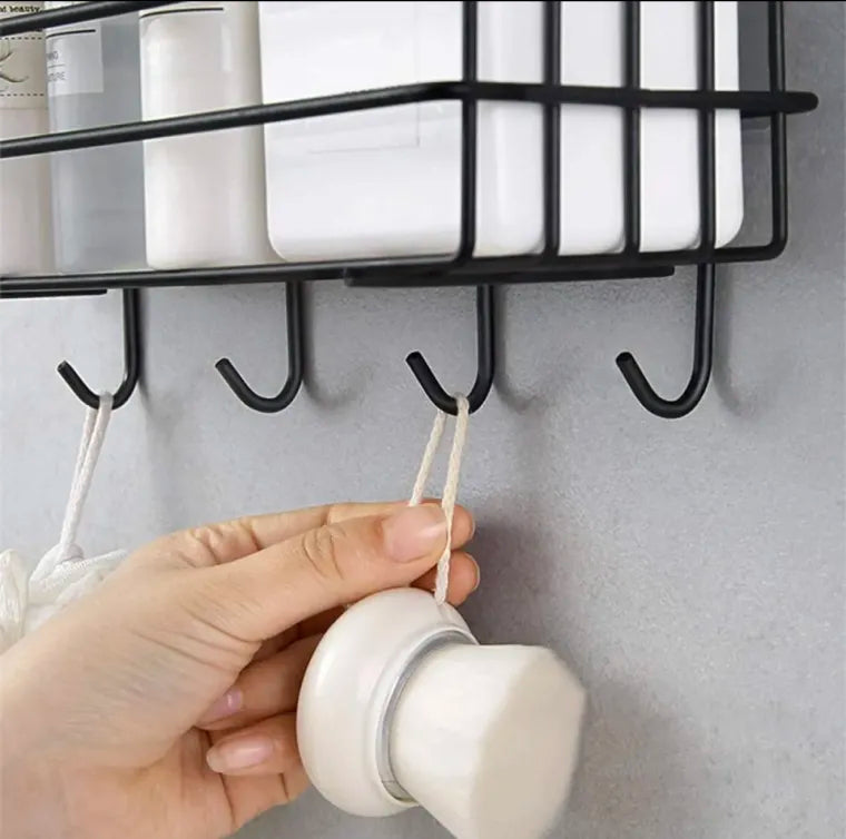Wall Mounted Multipurpose Storage Rack with Shelf & Iron Hooks