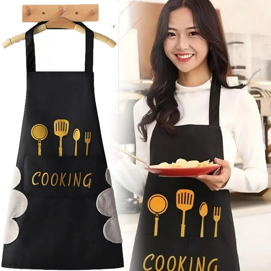 Black Waterproof Kitchen Apron for Women