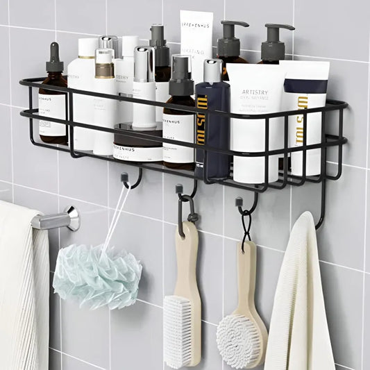 Wall Mounted Multipurpose Storage Rack with Shelf & Iron Hooks